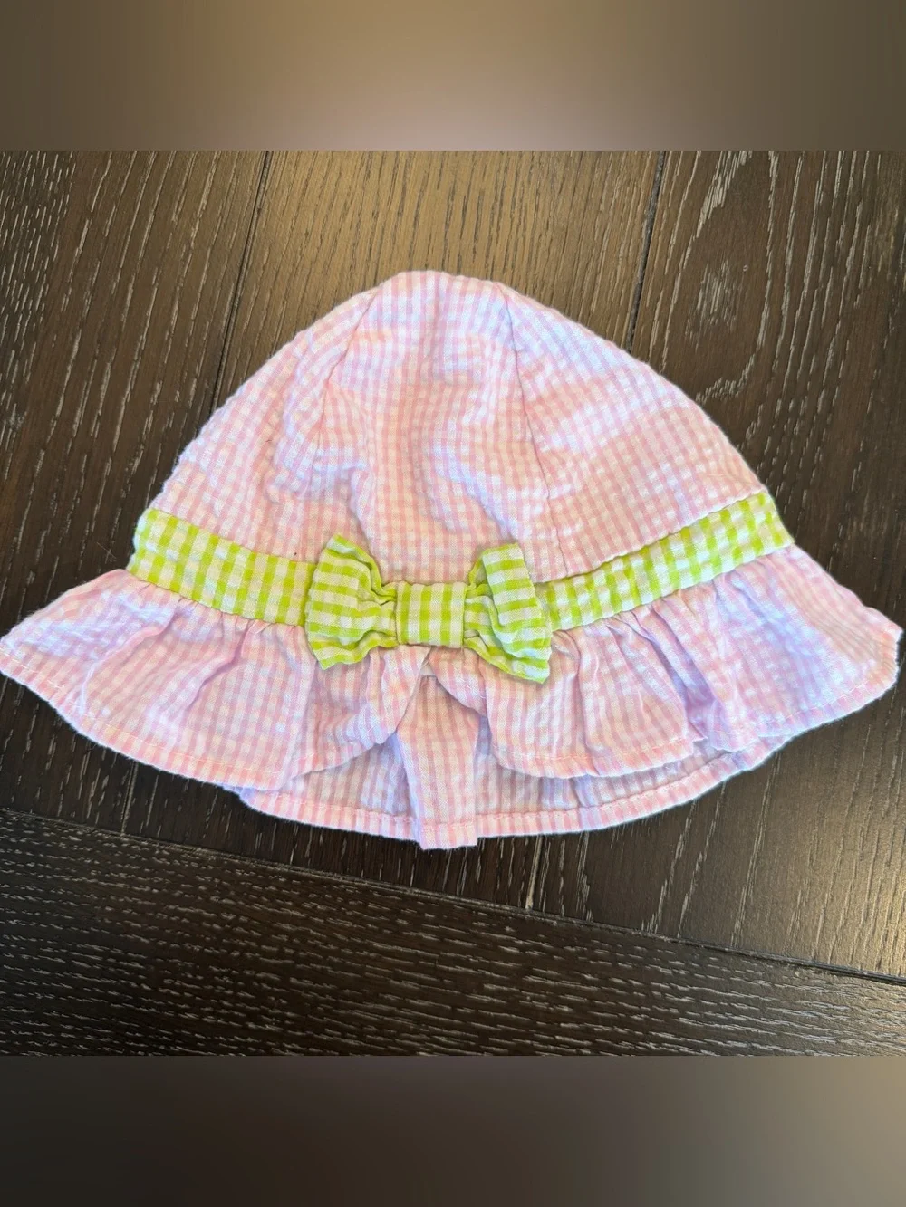 Baby Girl 3-6M Pink & Green Gingham Seersucker Sun Hat Bonnet‎ ADORABLE
